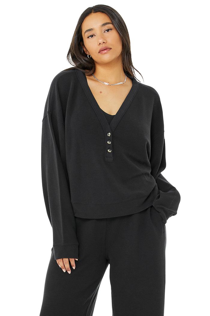 Black Alo Yoga Micro Waffle Pleasant Cropped Henley Women's Long Sleeve | 60528FYJK