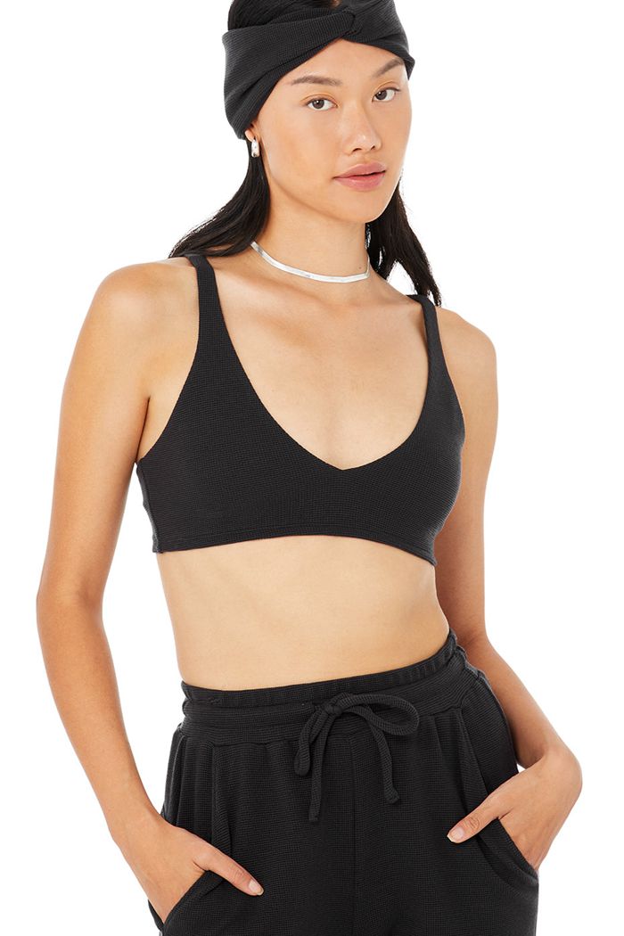 Black Alo Yoga Micro Waffle Pleasant Women's Bras | 94023EUWP