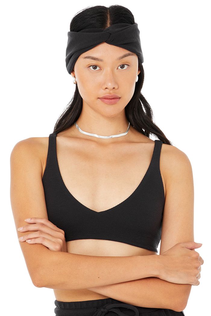 Black Alo Yoga Micro Waffle Pleasant Women's Bras | 94023EUWP