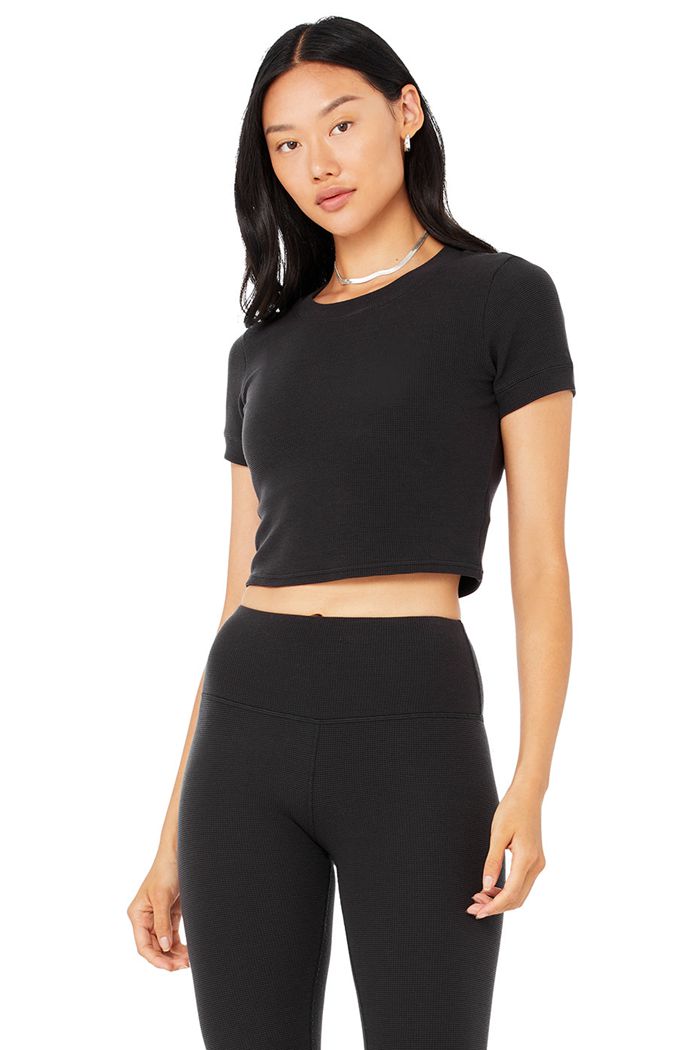 Black Alo Yoga Micro Waffle Sierra Women's Short Sleeve | 83490DLPK