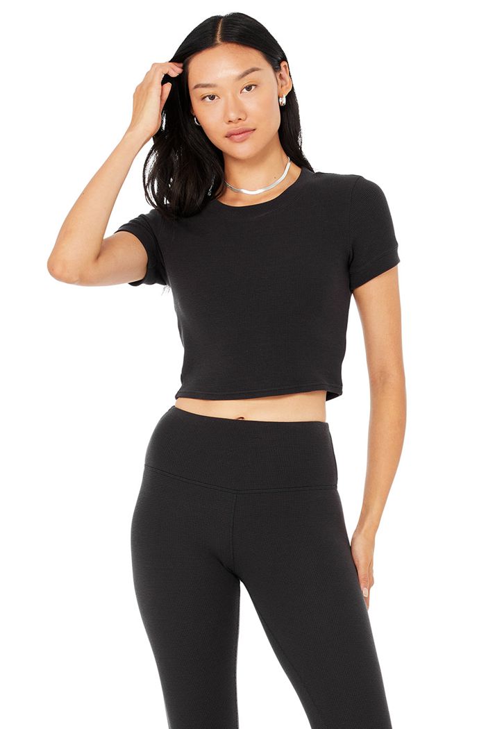 Black Alo Yoga Micro Waffle Sierra Women\'s Short Sleeve | 83490DLPK