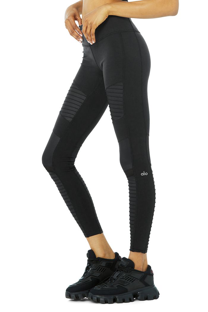 Black Alo Yoga Moto Women's Leggings | 06541SLEY