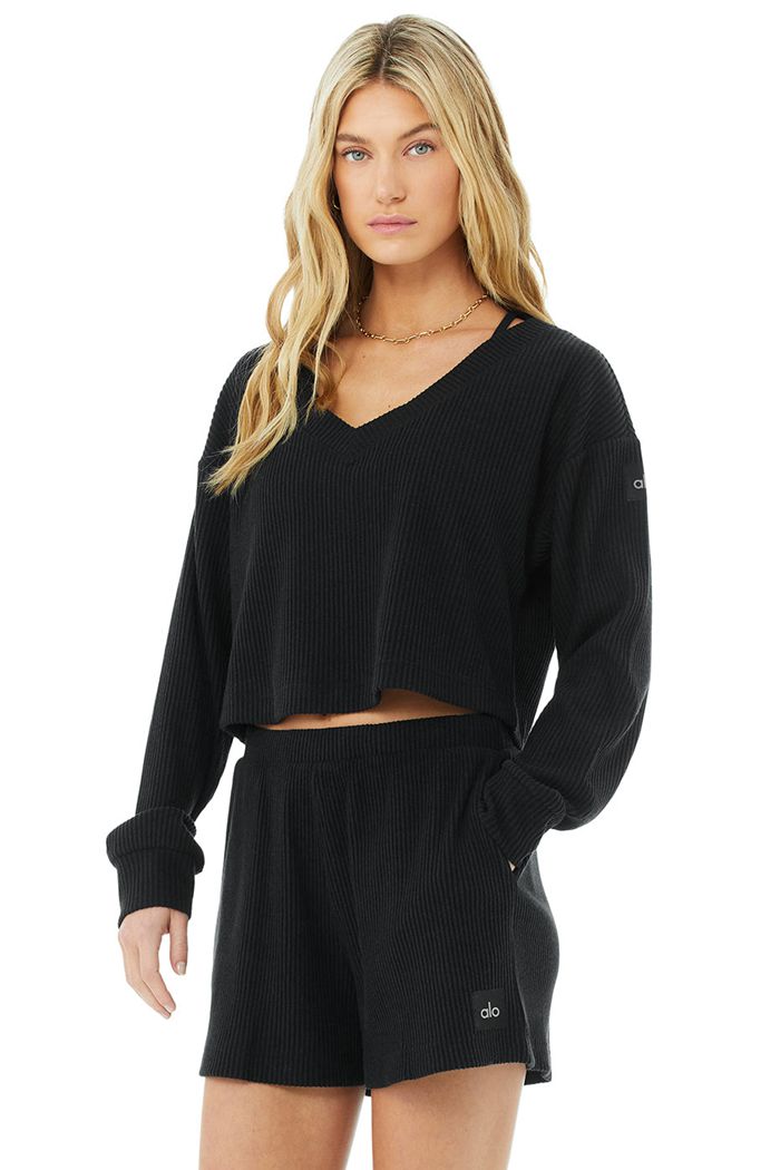 Black Alo Yoga Muse V-Neck Women's Pullover | 61259PJDT