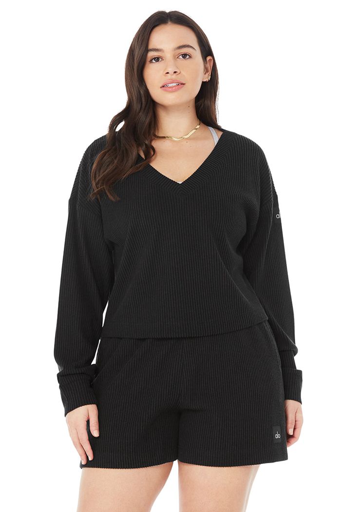 Black Alo Yoga Muse V-Neck Women's Pullover | 61259PJDT