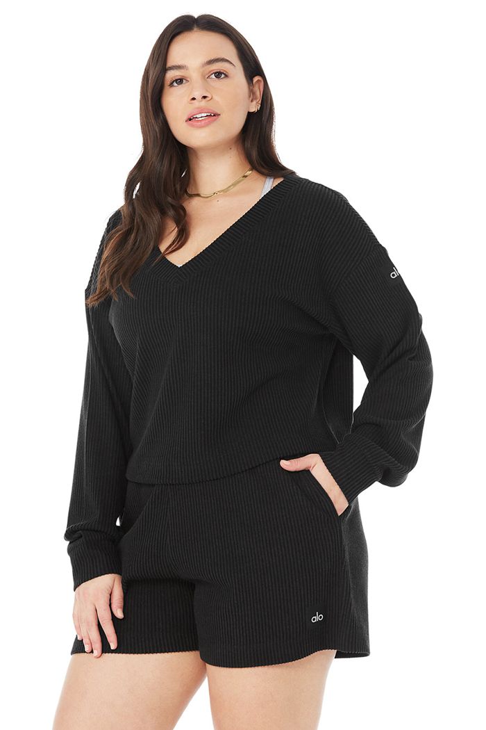 Black Alo Yoga Muse V-Neck Women's Pullover | 61259PJDT