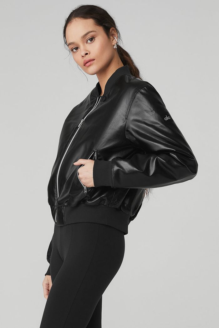 Black Alo Yoga Night Life Bomber Women's Jackets | 13524CTJU