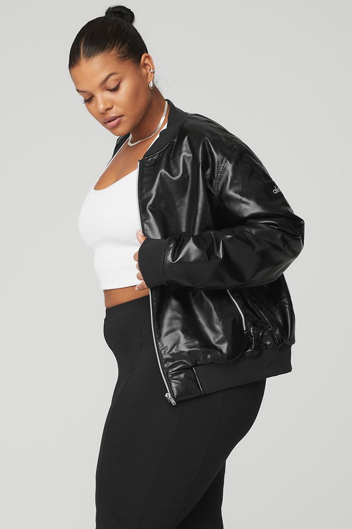 Black Alo Yoga Night Life Bomber Women's Jackets | 13524CTJU