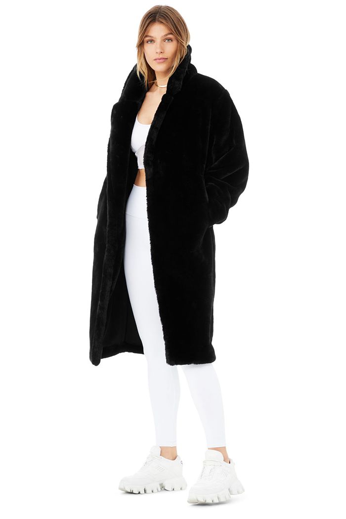 Black Alo Yoga Oversized Faux Fur Trench Women's Coat | 10372HVPF