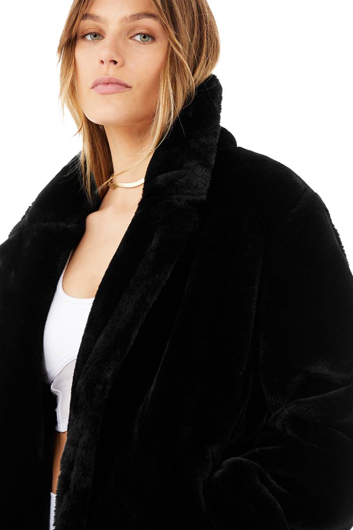 Black Alo Yoga Oversized Faux Fur Trench Women's Coat | 10372HVPF