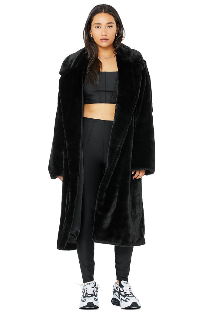 Black Alo Yoga Oversized Faux Fur Trench Women's Coat | 10372HVPF