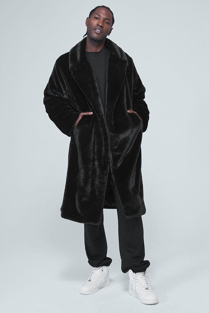 Black Alo Yoga Oversized Faux Fur Trench Men's Coat | 85706GINP