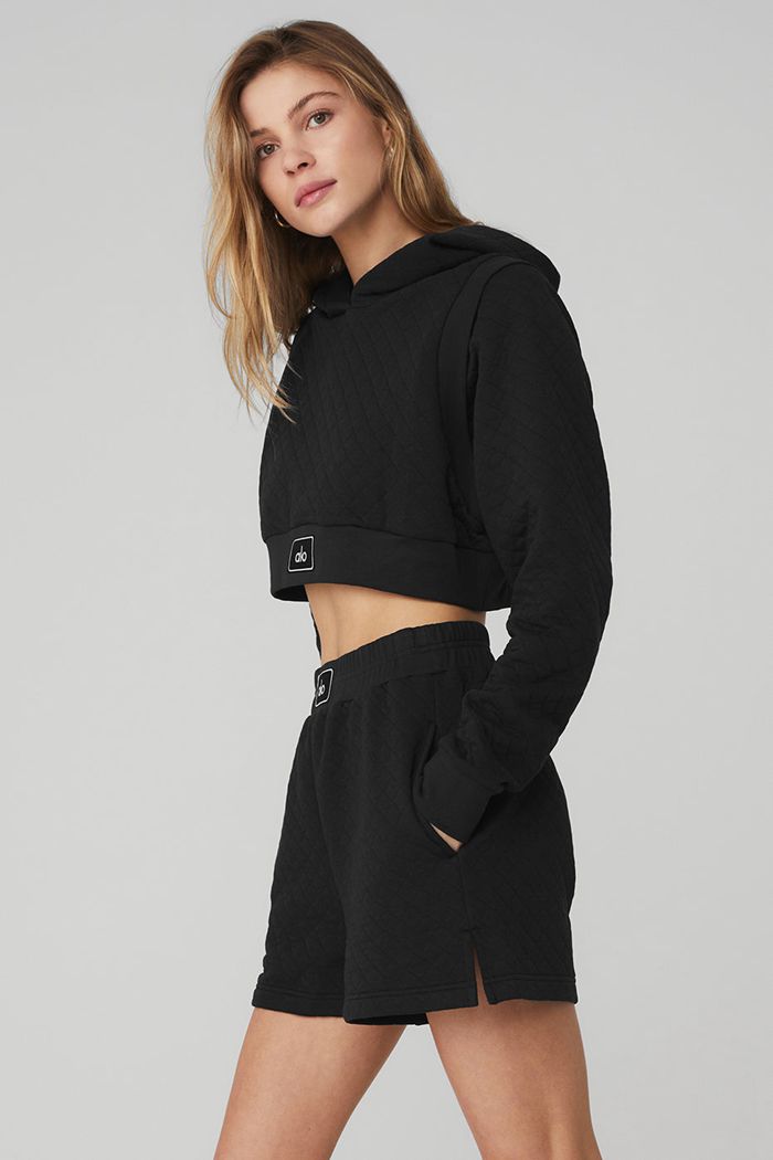 Black Alo Yoga Quilted Cropped Arena Women's Hoodie | 65431PWSR