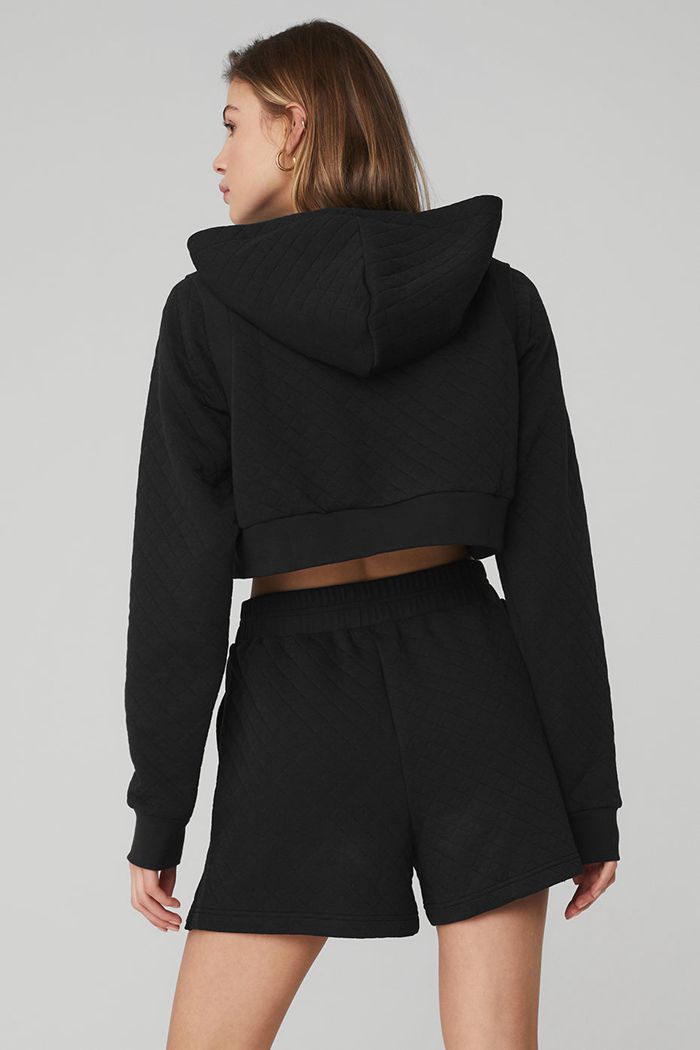 Black Alo Yoga Quilted Cropped Arena Women's Hoodie | 65431PWSR