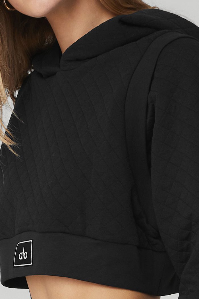 Black Alo Yoga Quilted Cropped Arena Women's Hoodie | 65431PWSR