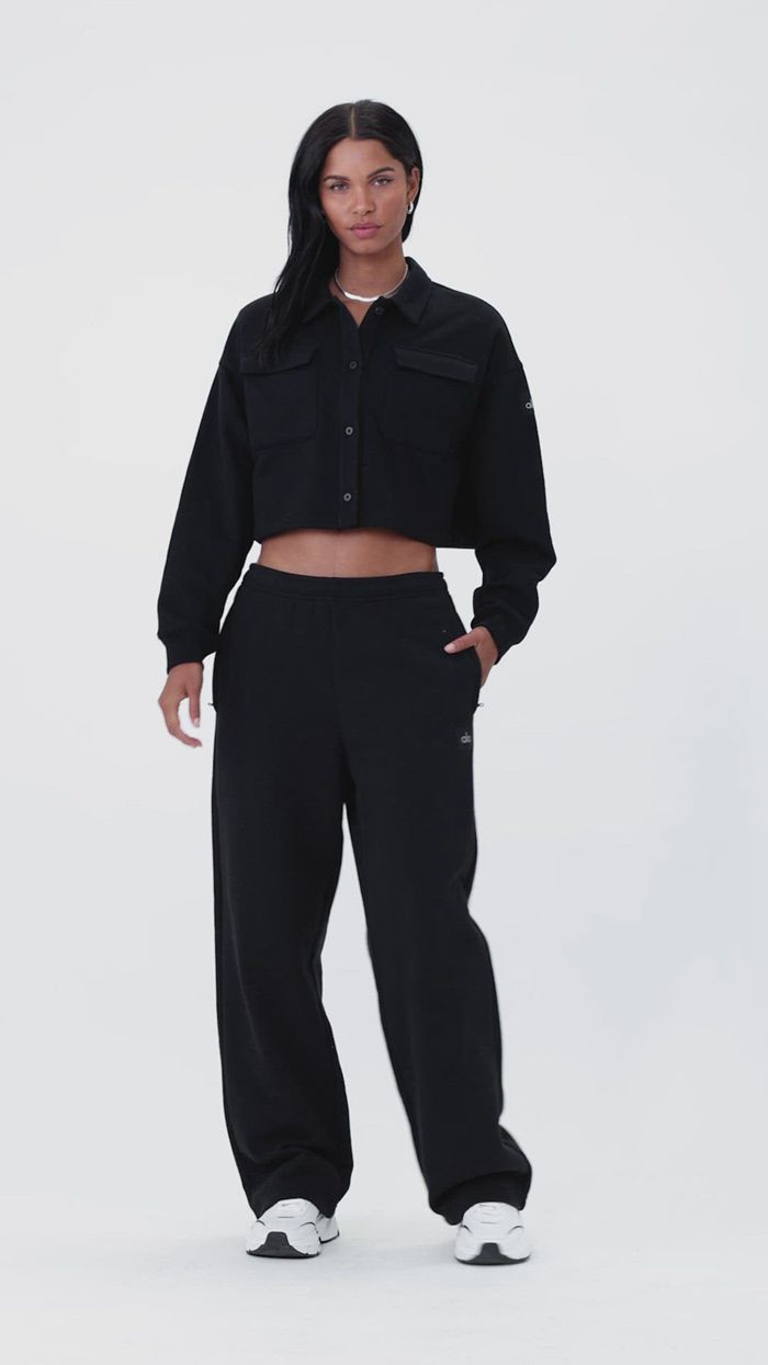 Black Alo Yoga Renown Cropped Button-Up Women's Pullover | 37645NGMR