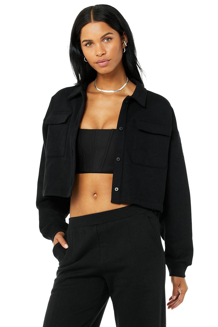 Black Alo Yoga Renown Cropped Button-Up Women's Pullover | 74893FJKR