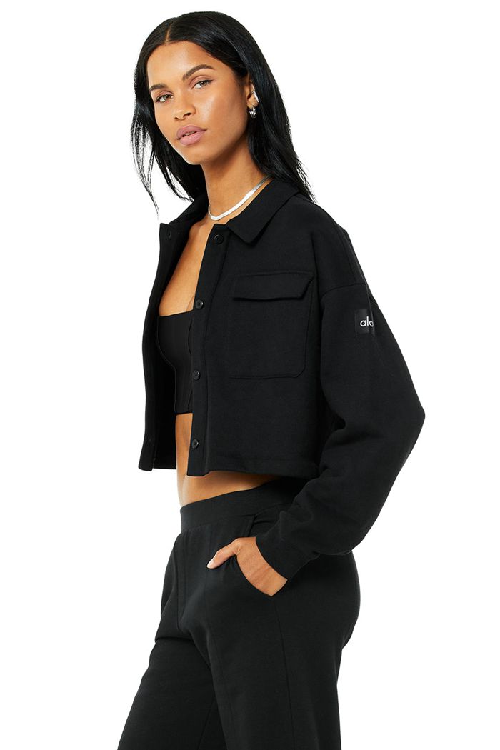 Black Alo Yoga Renown Cropped Button-Up Women's Pullover | 74893FJKR