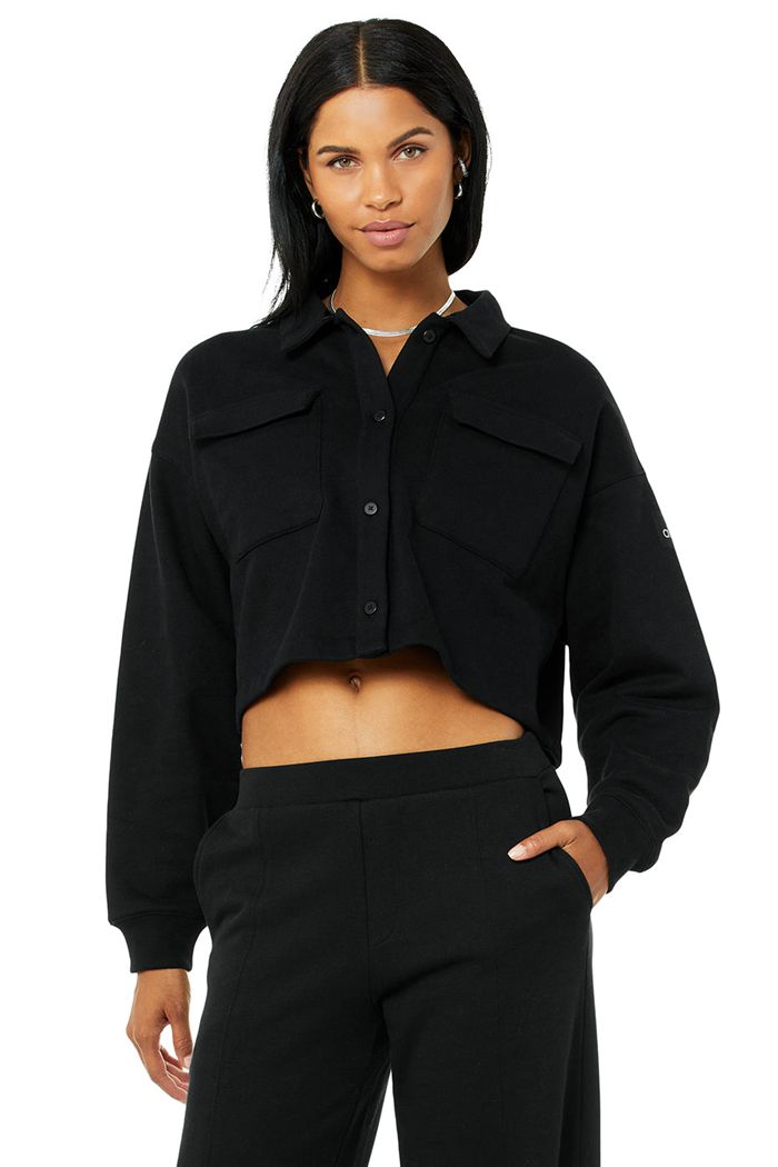 Black Alo Yoga Renown Cropped Button-Up Women\'s Pullover | 74893FJKR