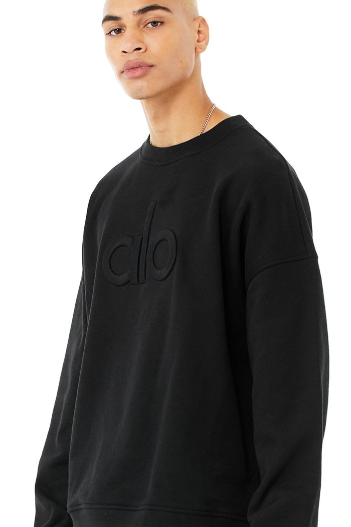 Black Alo Yoga Renown Heavy Weight Emblem Crew Neck Men's Pullover | 04873ZDLB