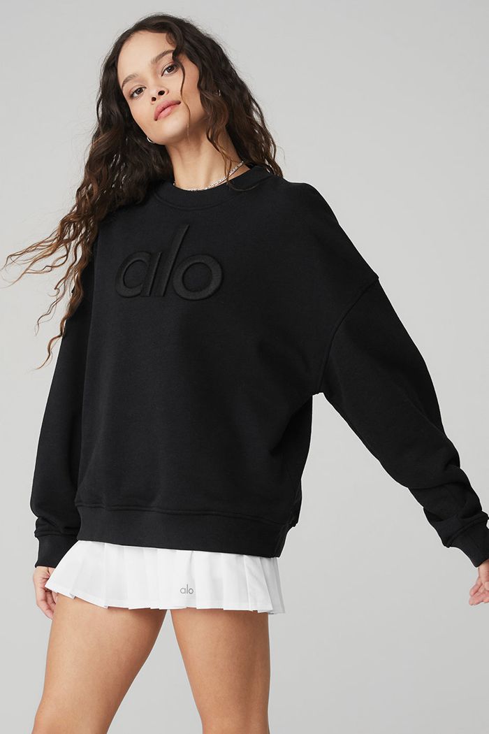 Black Alo Yoga Renown Heavy Weight Emblem Crew Neck Women's Pullover | 41627HZYW