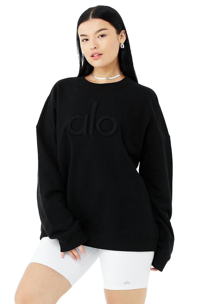 Black Alo Yoga Renown Heavy Weight Emblem Crew Neck Women's Pullover | 41627HZYW