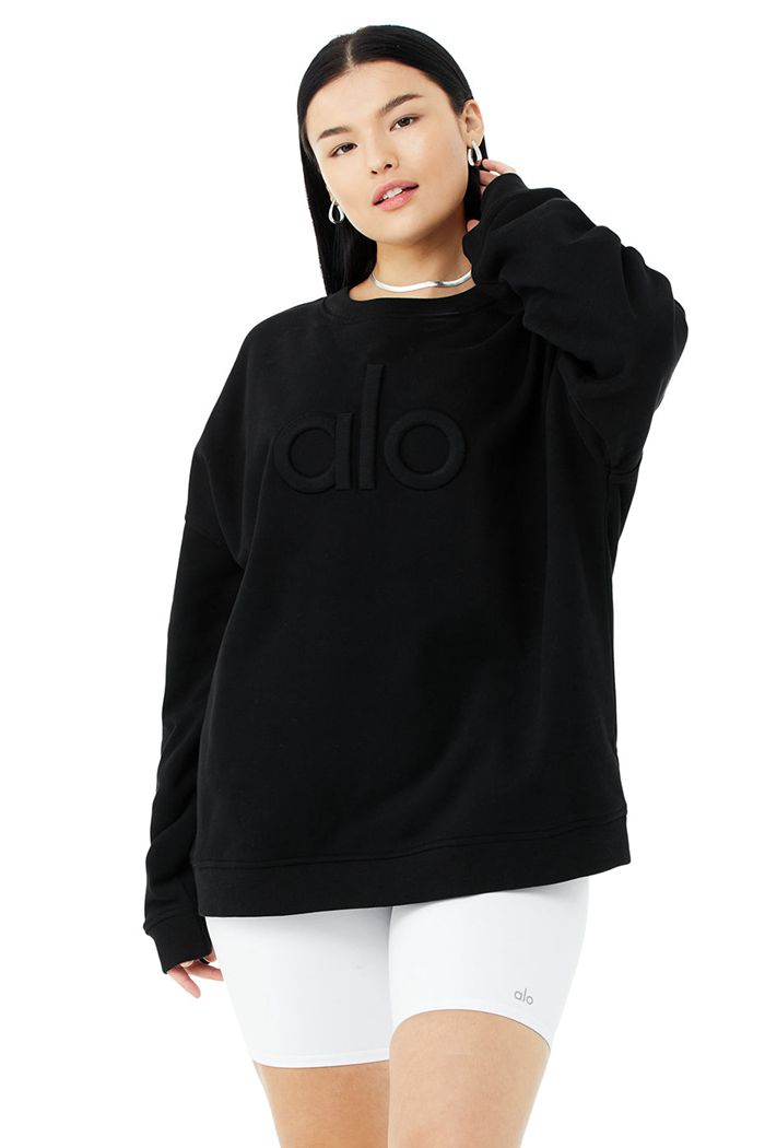 Black Alo Yoga Renown Heavy Weight Emblem Crew Neck Women's Pullover | 41627HZYW