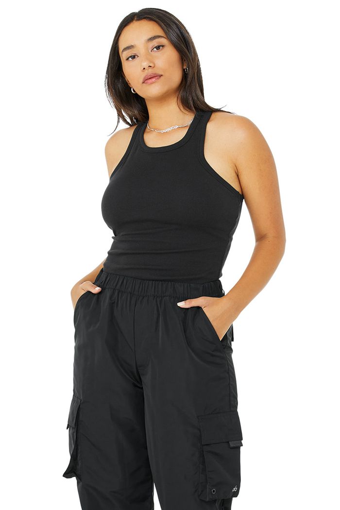 Black Alo Yoga Ribbed Aspire Full Length Women's Tank Tops | 98167LFMP