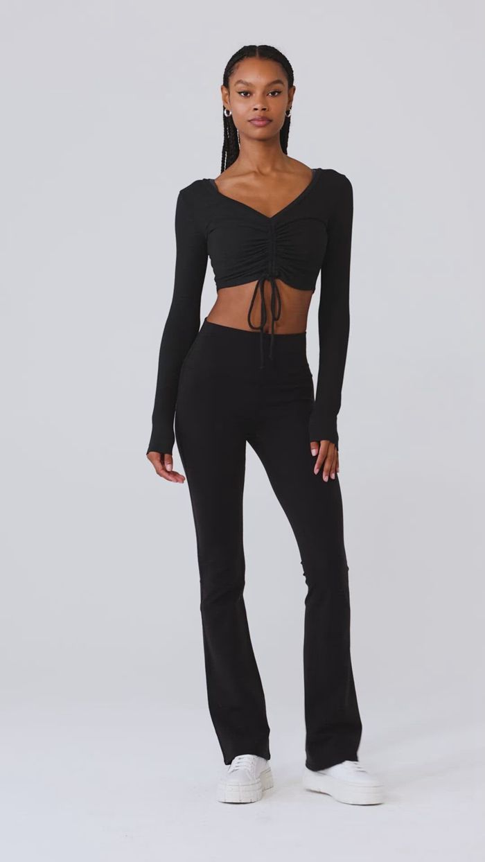 Black Alo Yoga Ribbed Cinch Cropped Women's Long Sleeve | 81075IEXV