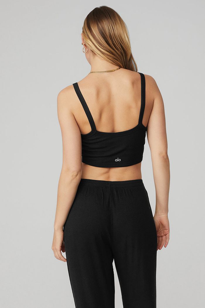 Black Alo Yoga Ribbed Crop Whisper Women's Bras | 63072NMYE