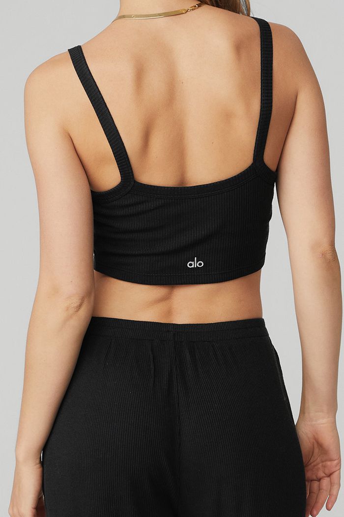 Black Alo Yoga Ribbed Crop Whisper Women's Bras | 63072NMYE