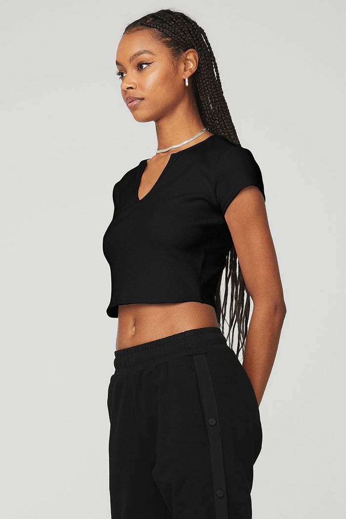 Black Alo Yoga Ribbed Cropped Savvy Women's Short Sleeve | 04972WGIH