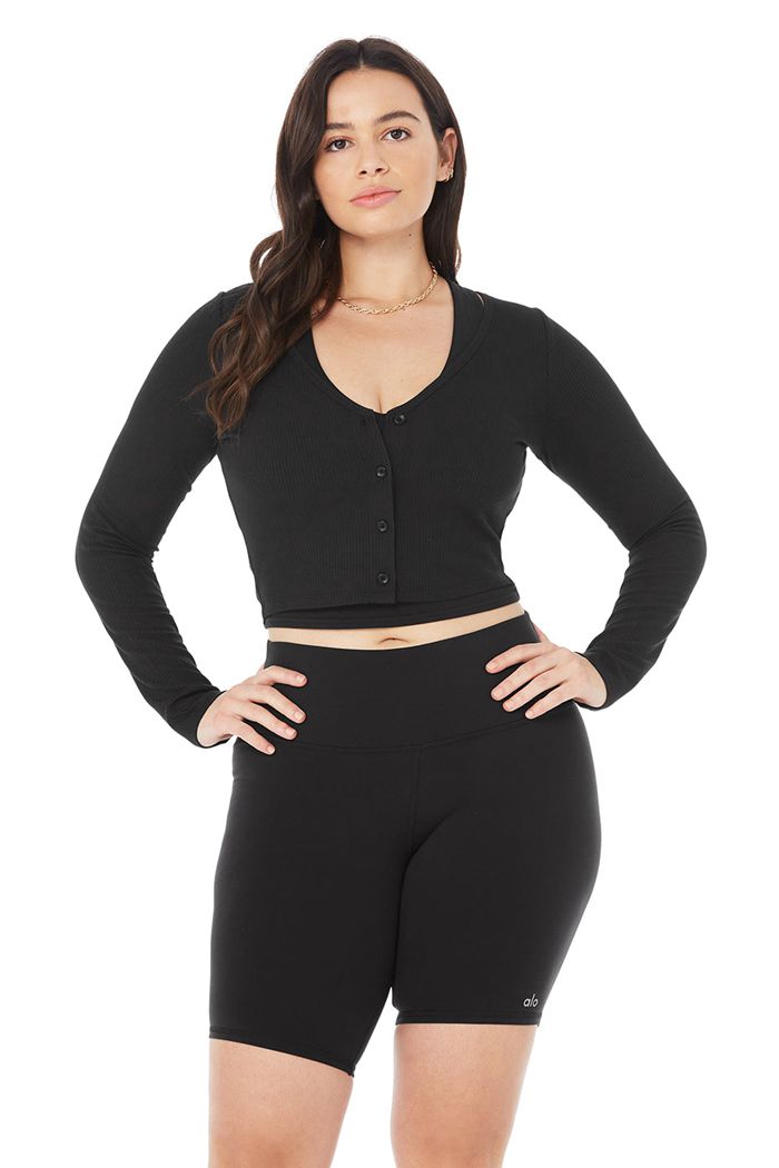 Black Alo Yoga Ribbed Cropped Whisper Women's Cardigan | 09317RKQU