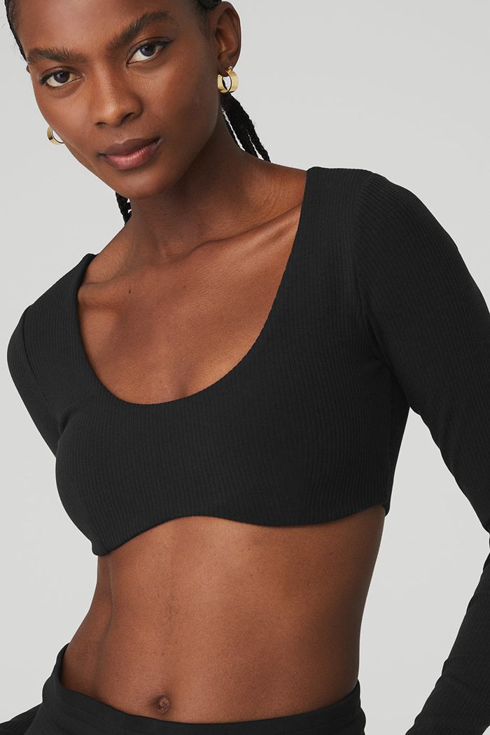 Black Alo Yoga Ribbed Defined Long Sleeve Women's Bras | 12346PNZO