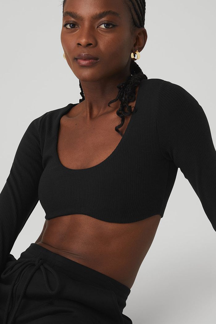 Black Alo Yoga Ribbed Defined Long Sleeve Women's Bras | 12346PNZO