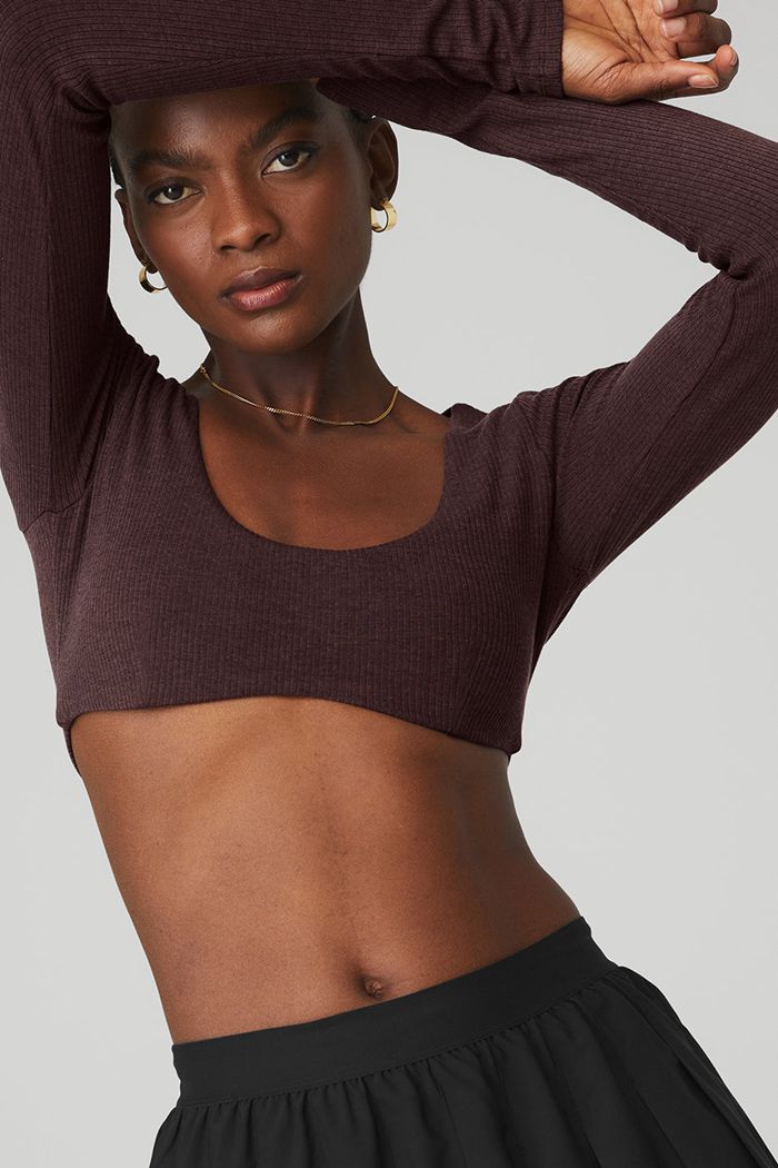 Black Alo Yoga Ribbed Defined Long Sleeve Women's Bras | 48610AXVE