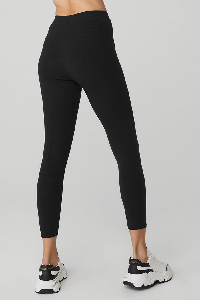 Black Alo Yoga Ribbed High-Waist 7/8 Blissful Women's Leggings | 09735VQDK