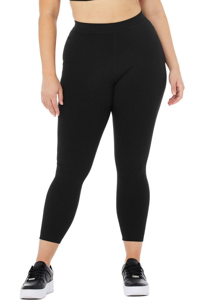 Black Alo Yoga Ribbed High-Waist 7/8 Blissful Women's Leggings | 09735VQDK