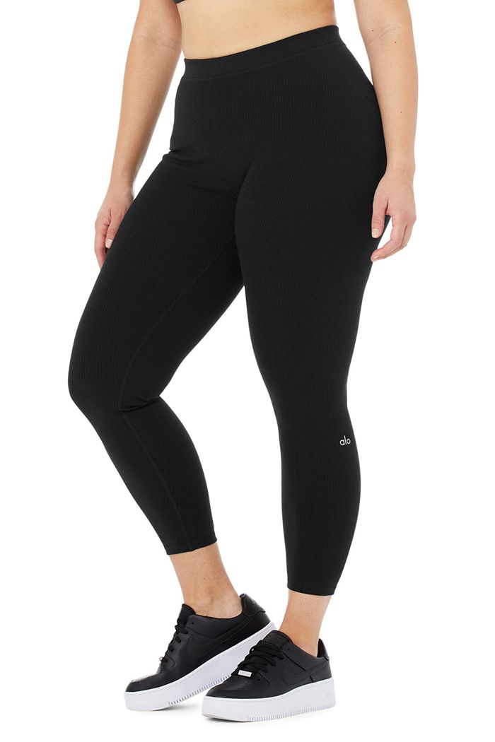 Black Alo Yoga Ribbed High-Waist 7/8 Blissful Women's Leggings | 09735VQDK