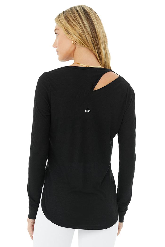 Black Alo Yoga Ribbed Peak Women's Long Sleeve | 15697DXLO