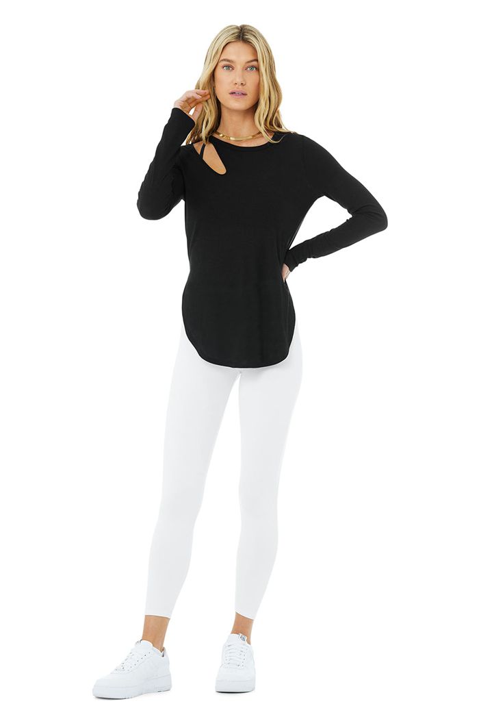 Black Alo Yoga Ribbed Peak Women's Long Sleeve | 15697DXLO