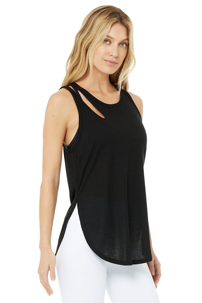 Black Alo Yoga Ribbed Peak Women's Tank Tops | 85903GXRZ