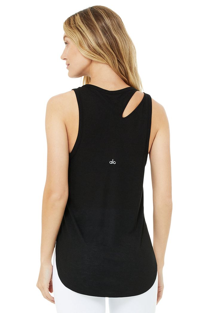 Black Alo Yoga Ribbed Peak Women's Tank Tops | 85903GXRZ