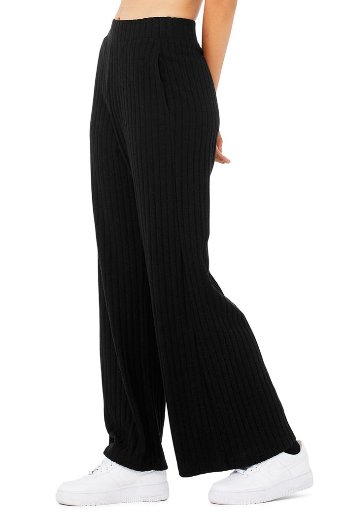 Black Alo Yoga Ribbed Take Comfort Wide Leg Women's Pants | 46915GRQT