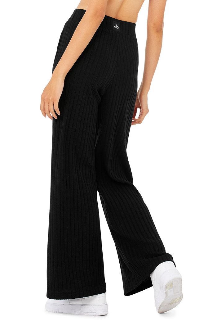 Black Alo Yoga Ribbed Take Comfort Wide Leg Women's Pants | 46915GRQT