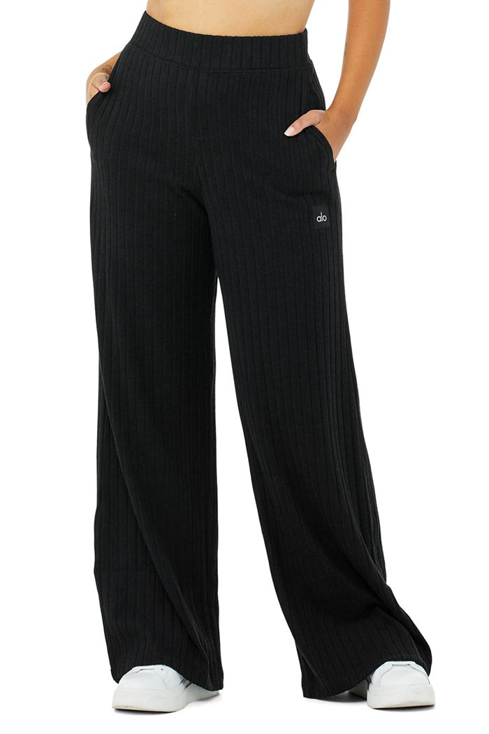 Black Alo Yoga Ribbed Take Comfort Wide Leg Women's Pants | 46915GRQT