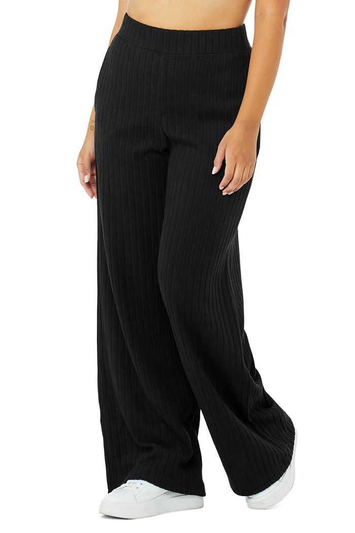 Black Alo Yoga Ribbed Take Comfort Wide Leg Women's Pants | 46915GRQT