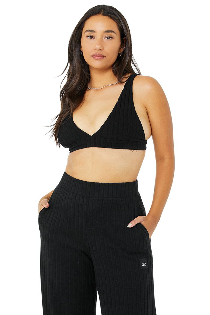 Black Alo Yoga Ribbed Take Comfort Women's Bras | 76243YFBU