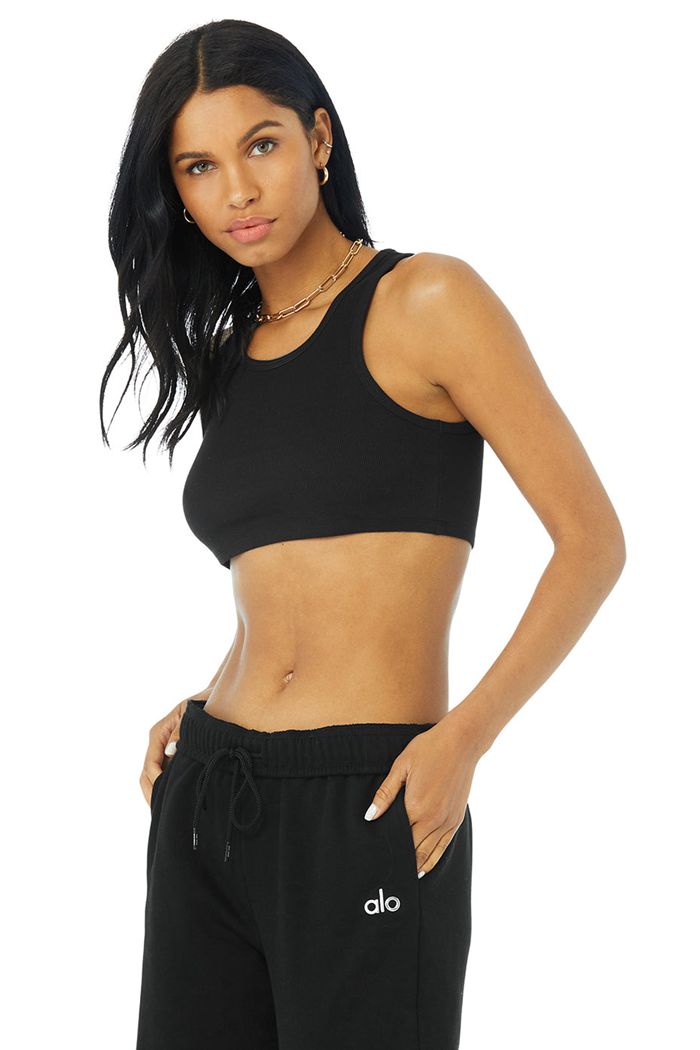 Black Alo Yoga Ribbed Vibe Women's Tank Tops | 04931QGML