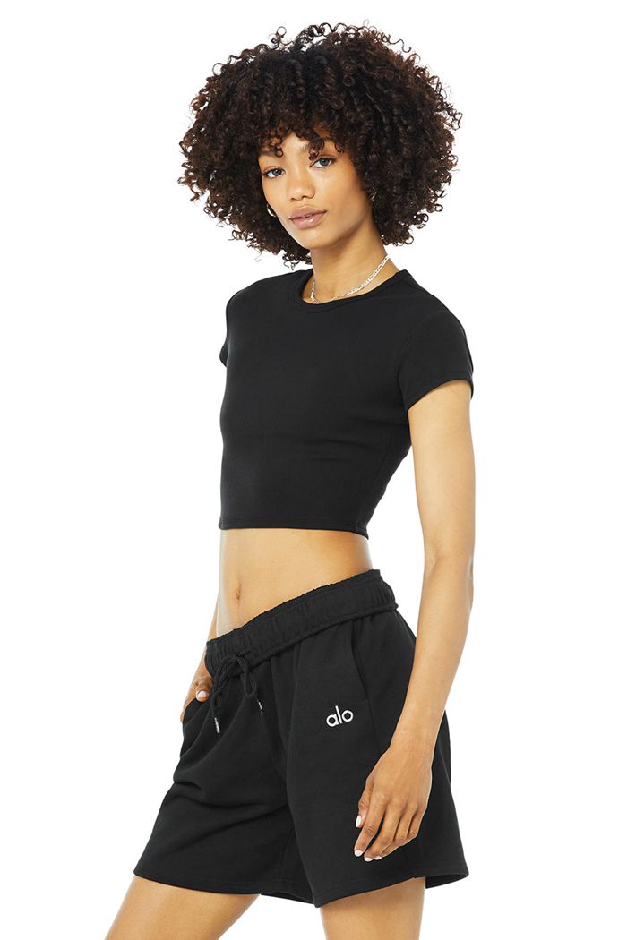 Black Alo Yoga Ribbed Women's Short Sleeve | 94258ZPAX