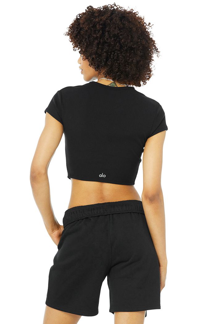 Black Alo Yoga Ribbed Women's Short Sleeve | 94258ZPAX